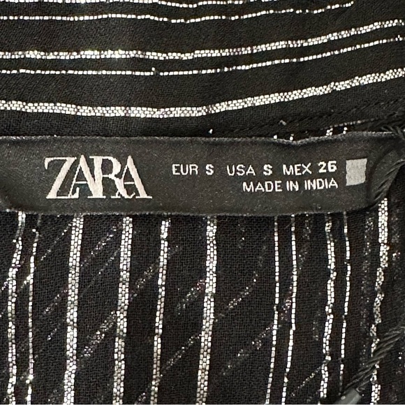 Zara Metallic Stripe Dress Black Silver Notch Collar Beaded Trim - Picture 9 of 11